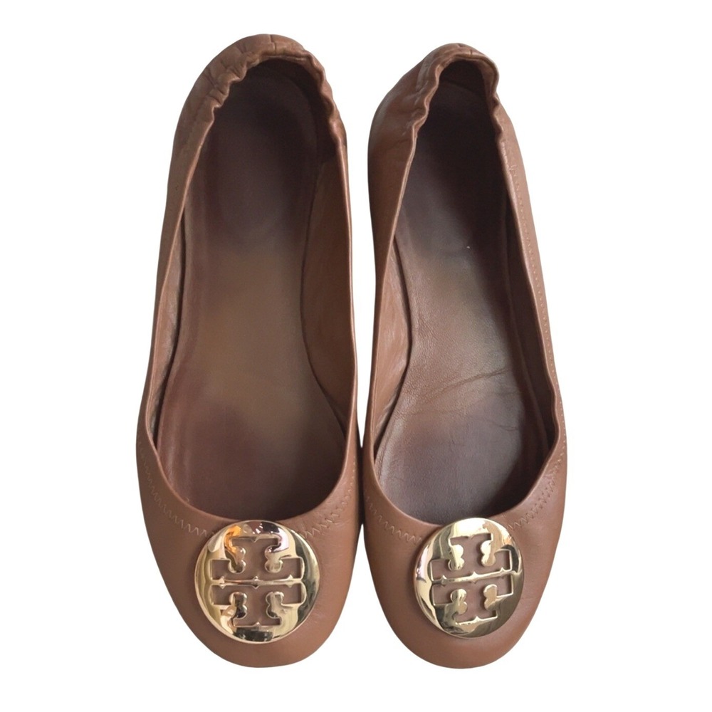 Tory Burch gold metal logo brown leather ballet flats | SZ: 11